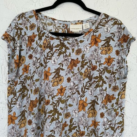 CYNTHIA ROWLEY Linen Floral Tee Large Button Down Back Short Sleeve Boho - Picture 7 of 8